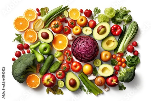 Fresh fruits and vegetables  healthy food  spread apart  isolated flat lay from above white background  Generative AI