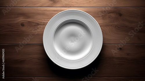 Top view of white royal porcelain dish on wooden table for mock up template with copy space, generative ai