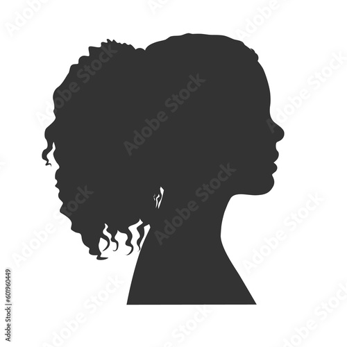 Silhouette of a woman with curly hair in profile. Black shape. Illustration on transparent background © tiena