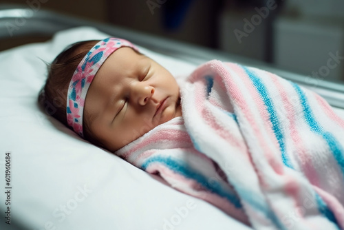 A newborn baby wrapped in a common flannelette towel white, blue and pink hospital blanket, generative ai