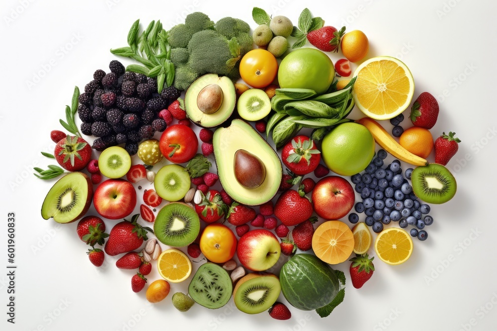 Fresh fruits and vegetables, healthy food, spread apart, isolated flat lay from above white background, Generative AI Fresh fruits and vegetables, healthy food, spread apart, isolated flat lay from above white background, Generative AI