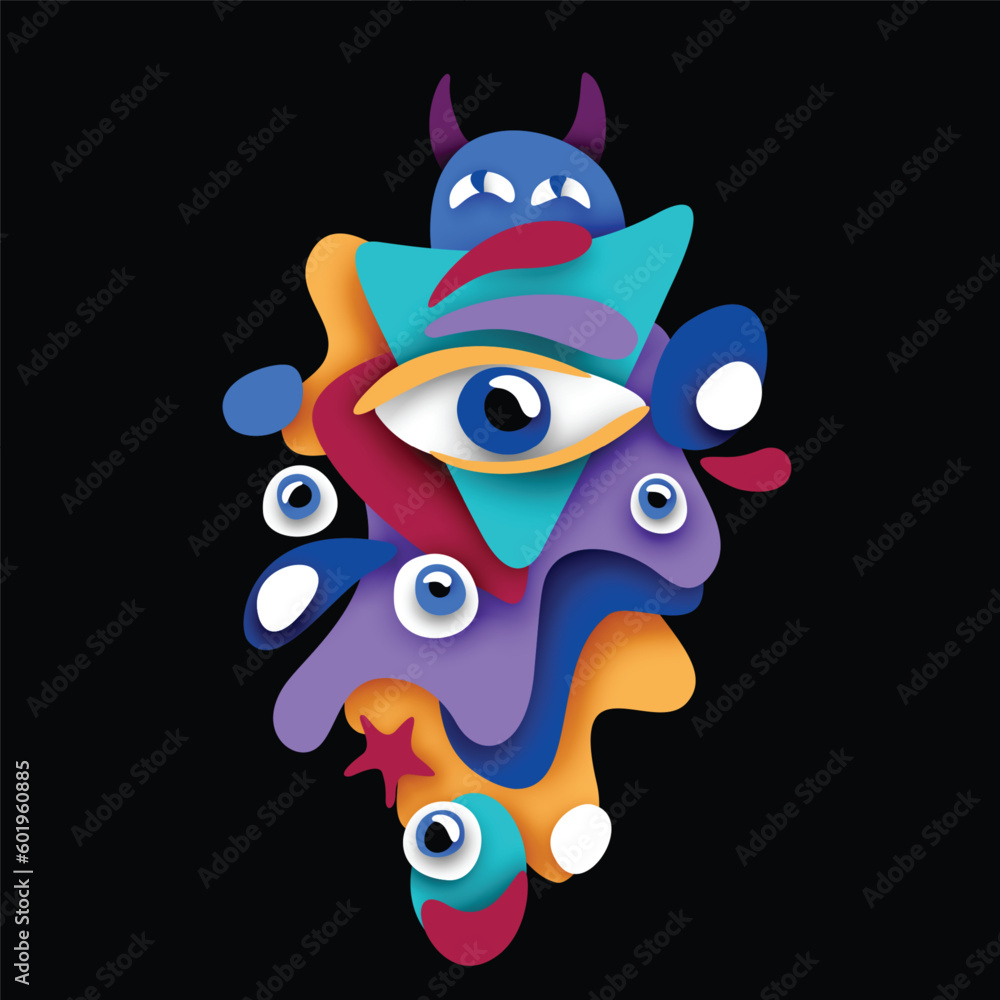 Psyhodelical Print with Monster Vibes. Surreal Design on Black. Pop Art Cartoon Style with Stains. Single Design Element. Vector 3d Illustration