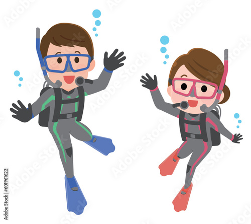 スキューバダイビングを楽しそうに体験する男性と女性　イラスト