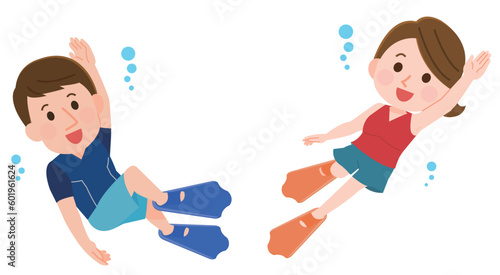 シュノーケリングを楽しむ男性と女性　イラスト