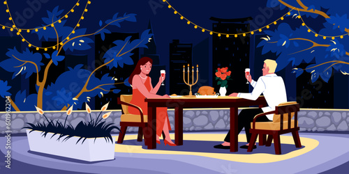 Romantic dating and dinner of couple in rooftop restaurant vector illustration. Cartoon scene with elegant man and woman dining at table and drinking wine, love date at night luxury terrace of roof