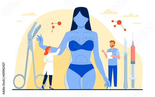 Medical liposuction surgery, beauty procedure for fat removal and weight loss in hospital vector illustration. Cartoon woman model in bikini with lines for slimming on body and tiny doctors treatment