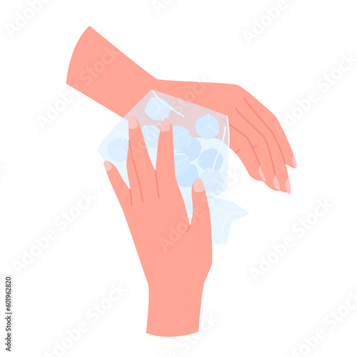 Arms apply compress with ice bag to reduce pain and swelling after injury, infographic vector illustration. Cartoon isolated hands treat with cold pack bruise with dislocation on injured wrist