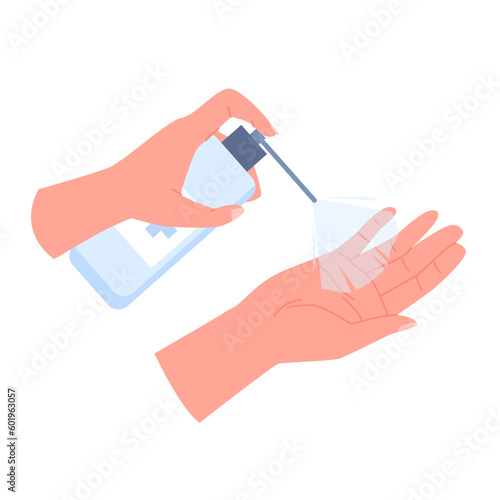 Antibacterial hand disinfection with spray infographic vector illustration. Cartoon isolated arms holding bottle with disinfectant product to sanitize and disinfect hand skin from viruses and bacteria