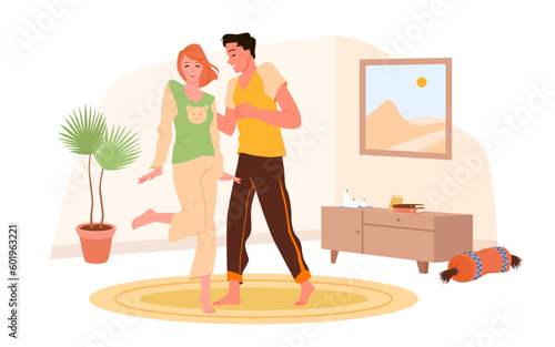 Happy couple dancing in living room vector illustration. Cartoon young man and woman in home clothes dancing together funny dance to music, romantic love date in home interior of husband and wife