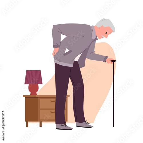 Back pain in elderly man with cane vector illustration. Cartoon isolated old sick grandfather standing at home interior, senior person holding hand on back and suffering from rheumatism or arthritis