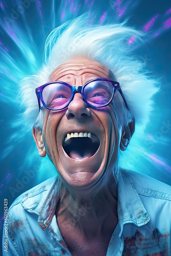 Laughing crazy grandpa with white hair and glasses  neon blue Background  Generative AI  Generativ  KI  