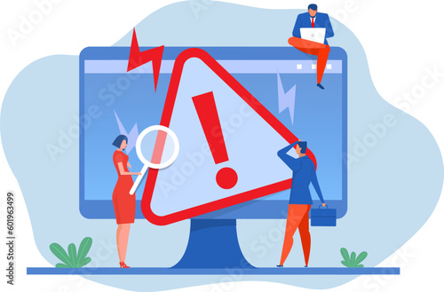 warning concept,people checking operating system error warning on web page, system alert or mistake wrong 404 error web pageflat vector illustration