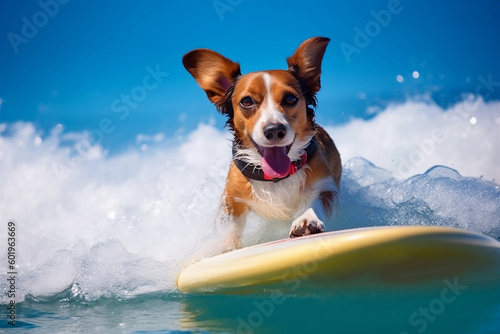 Small dog standing on surf board in ocean.  © Firn