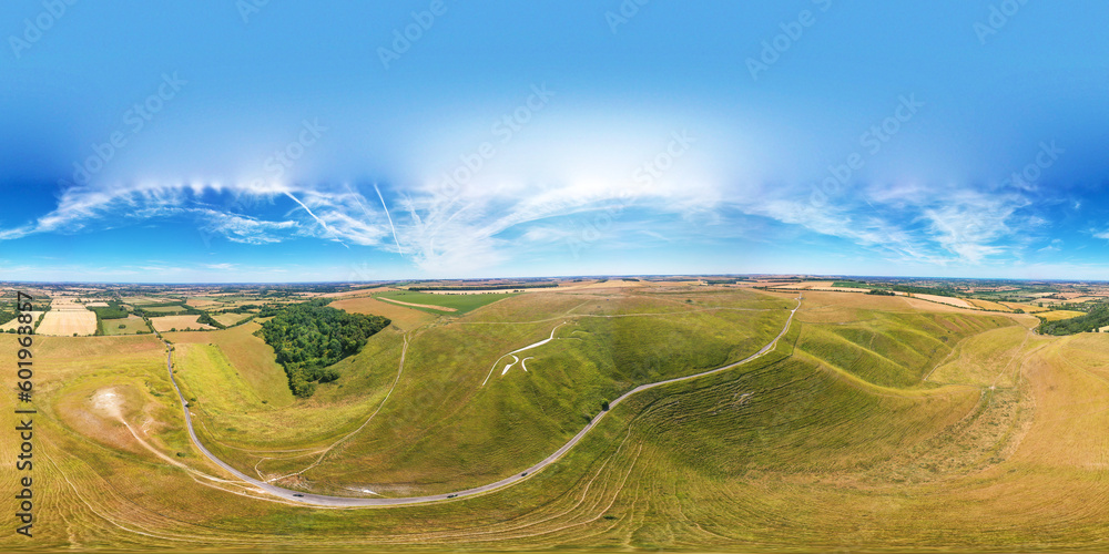 Aerial spherical panorama of Uffington White Horse area