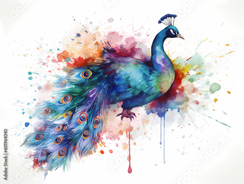 Watercolor peacock with a feather, A magnificent peacock displaying its iridescent pluma - Generative Ai