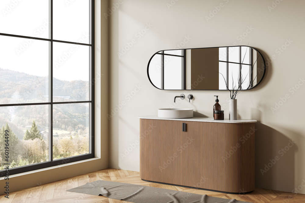Beige bathroom interior with sink and dresser, decoration and panoramic window - obrazy, fototapety, plakaty 