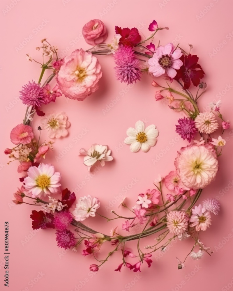 A small flower wreath on a pink background with space for text, suitable for events such as weddings and Mother's Day. (Generative AI) A small flower wreath on a pink background with space for text, suitable for events such as weddings and Mother's Day. (Generative AI)