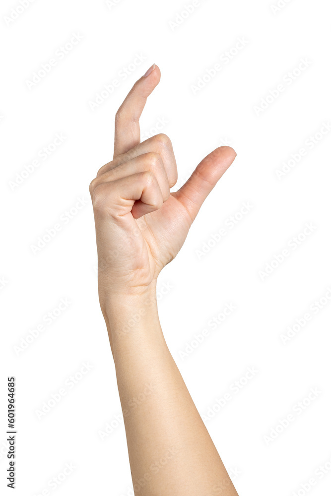 Woman hand is gesturing and measuring invisible item isolated on white background, with clipping path. Full Depth of field. PNG Woman hand is gesturing and measuring invisible item isolated on white background, with clipping path. Full Depth of field. PNG
