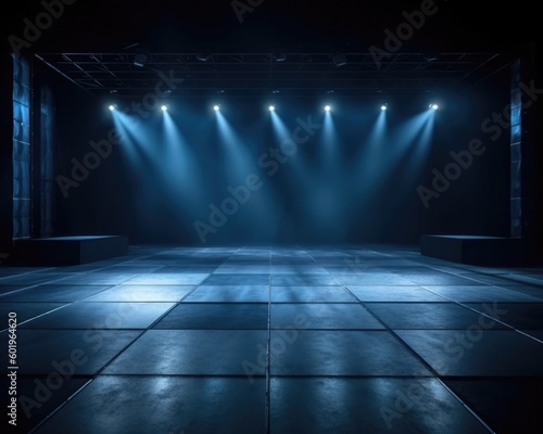 The blue spotlights on the stage floor make an ideal background, backdrop, or mock up in a dark room. (Generative AI)