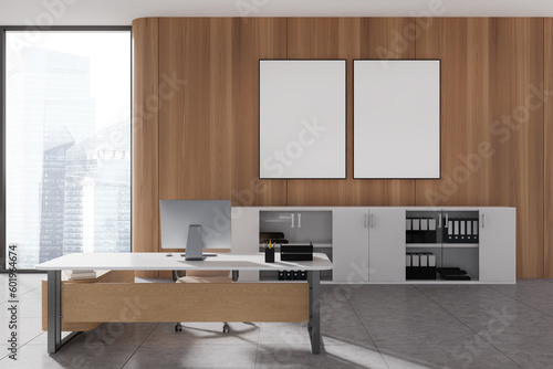 Canvas Print Stylish office room interior with table and pc computer, window