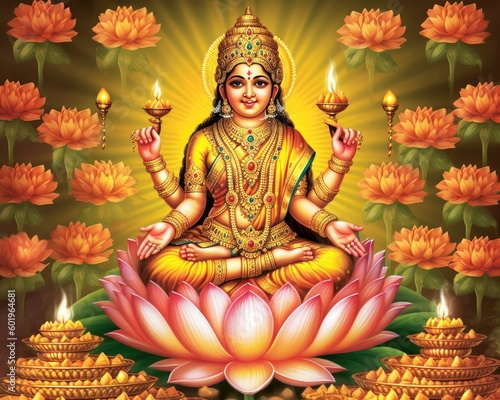 You can download pictures of Maha Lakshmi, the goddess on a lotus flower. (Generative AI)