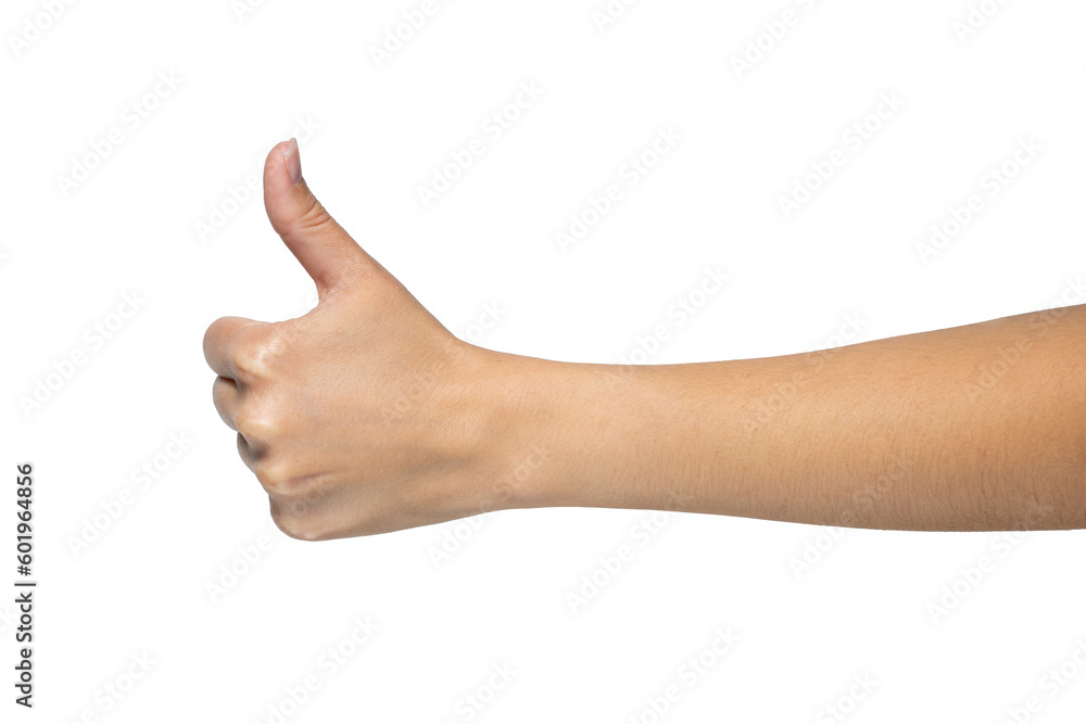 Woman hand shows thumbs up sign isolated on white background, with clipping path. Full Depth of field. Focus stacking. PNG Woman hand shows thumbs up sign isolated on white background, with clipping path. Full Depth of field. Focus stacking. PNG