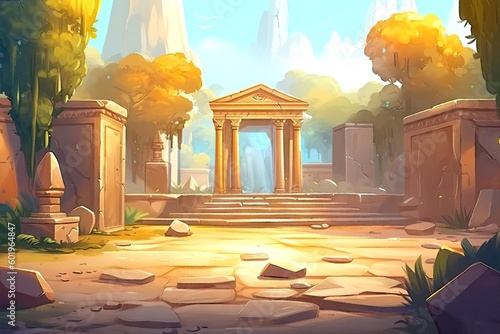 Illustration of ancient Greek temple, with empty space at center. Battle field. Background for mobile game in casual style, cartoon colorful AI art. Made with Generative AI
