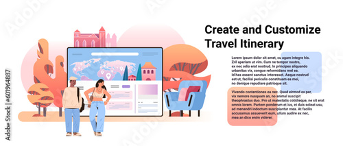 tourists couple planning journey route create and customize travel itinerary concept horizontal