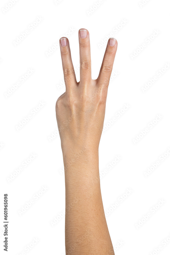 Woman hand counting isolated on white background, with clipping path. Three fingers. Full Depth of field. Focus stacking. PNG Woman hand counting isolated on white background, with clipping path. Three fingers. Full Depth of field. Focus stacking. PNG