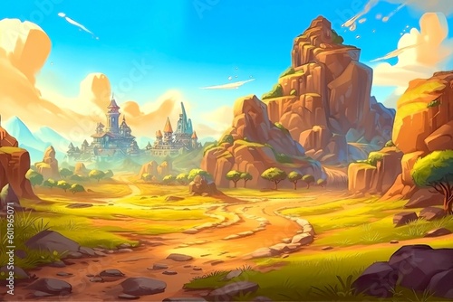 Fototapeta Naklejka Na Ścianę i Meble -  Illustration of beautiful landscape with empty space at center. Battle field. Background for mobile game.   in casual style, cartoon colorful AI art. Made with Generative AI