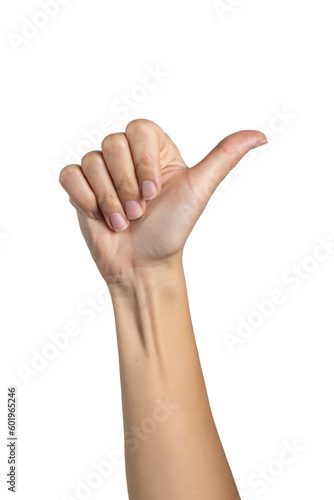 Woman hand shows thumbs up sign isolated on white background, with clipping path. Full Depth of field. Focus stacking. PNG