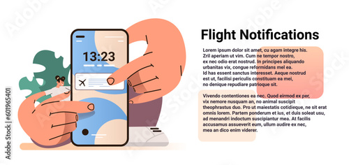 girl with smartphone receives notification about plane tickets discount flight notifications airplane travel concept horizontal