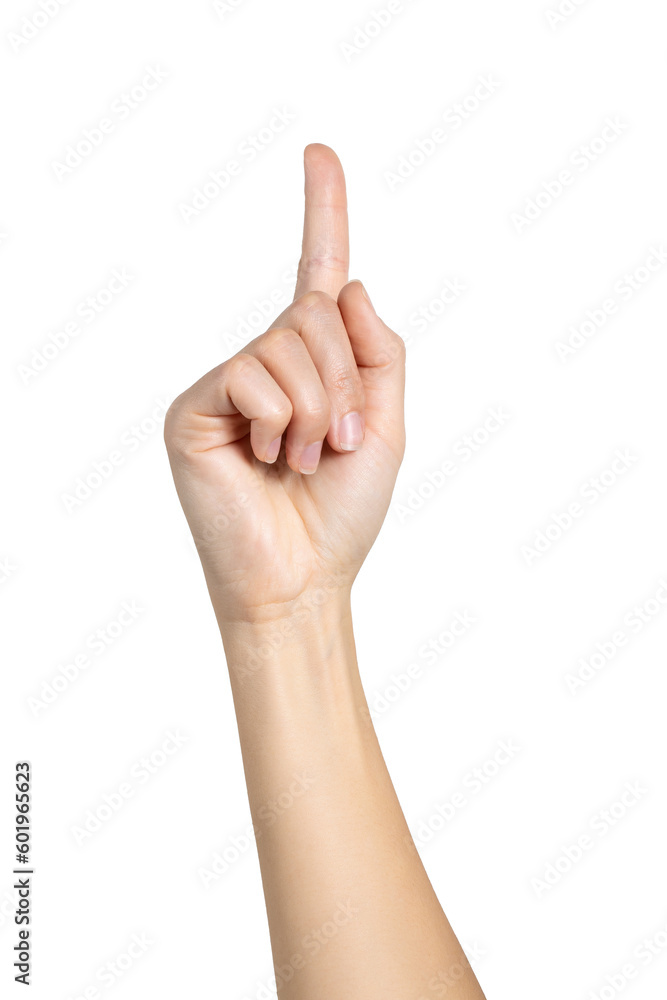 Woman hand pointing, touching, pressing or counting isolated on white background, with clipping path. Full Depth of field. Focus stacking. Woman hand pointing, touching, pressing or counting isolated on white background, with clipping path. Full Depth of field. Focus stacking.