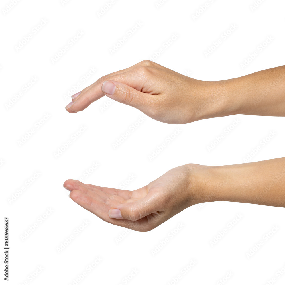 Woman hand is gesturing and measuring invisible item isolated on white background, with clipping path. Full Depth of field. PNG Woman hand is gesturing and measuring invisible item isolated on white background, with clipping path. Full Depth of field. PNG