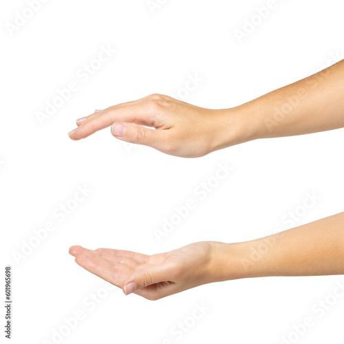 Woman hand is gesturing and measuring invisible item isolated on white background, with clipping path. Full Depth of field. PNG
