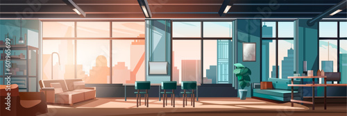 panoramic view of modern loft interior open space home office with furniture for corporate or freelance work