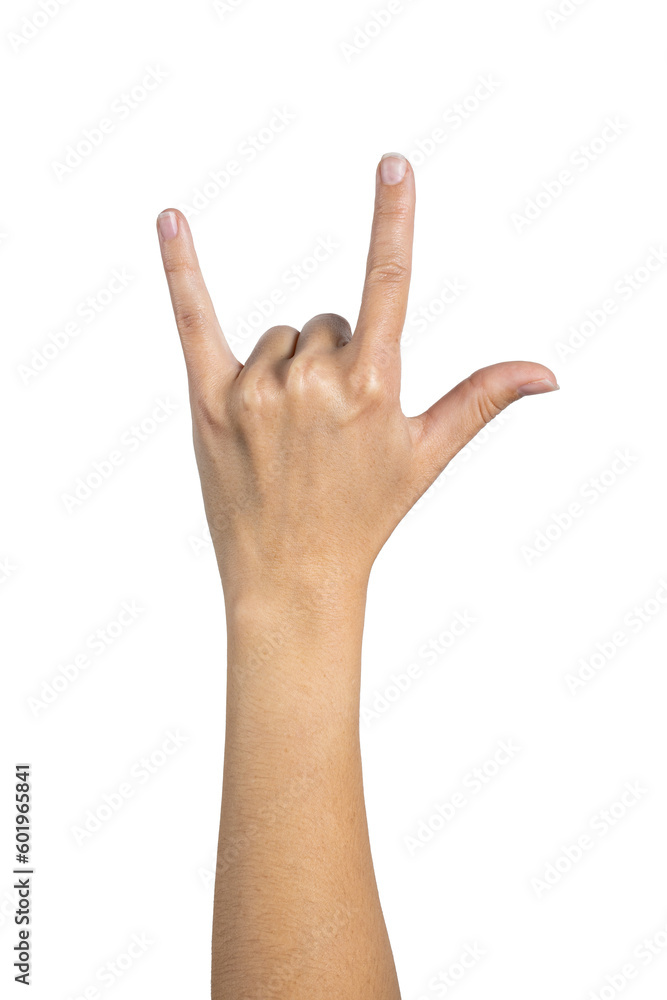 Woman hand showing Rock gesture isolated on white background, with clipping path. Five fingers. Full Depth of field. Focus stacking. PNG Woman hand showing Rock gesture isolated on white background, with clipping path. Five fingers. Full Depth of field. Focus stacking. PNG