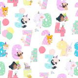 Vector Seamless Pattern with Birthday Numbers Animals and Kids