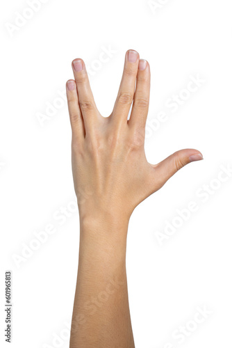 Tableau sur toile Woman hand shows Spock sign isolated on white background, with clipping path