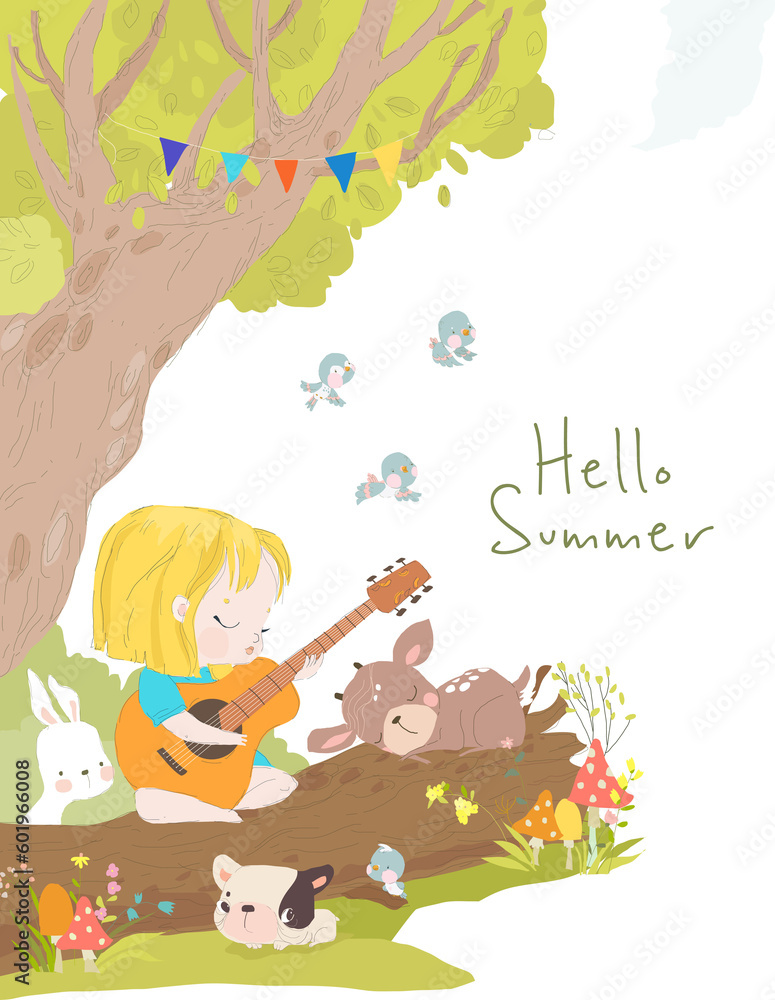 Naklejka premium Cartoon Little Girl playing Guitar with Animals in the Forest. Vector Illustration