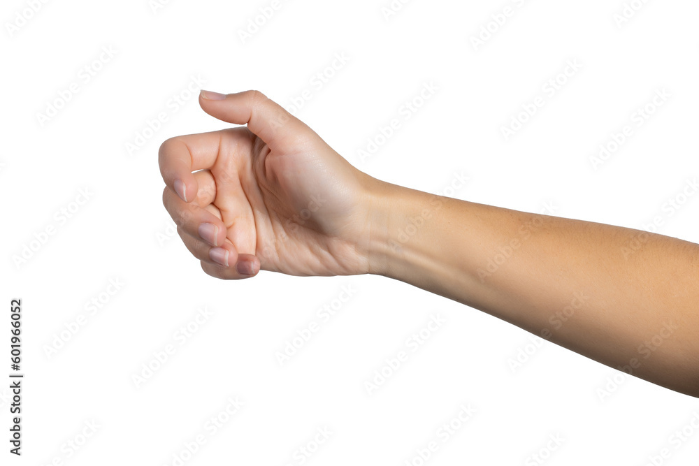 Woman hand holding grabbing or measuring something isolated on white background, with clipping path. Five fingers. Full Depth of field. Focus stacking. PNG Woman hand holding grabbing or measuring something isolated on white background, with clipping path. Five fingers. Full Depth of field. Focus stacking. PNG
