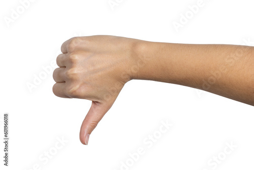 Woman hand shows thumbs down isolated on white background, with clipping path. Five fingers. Full Depth of field. Focus stacking. PNG