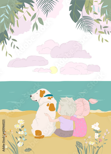 Cartoon Happy Couple with Dog sitting on the Beach Shore of the Ocean. Vector Illustration