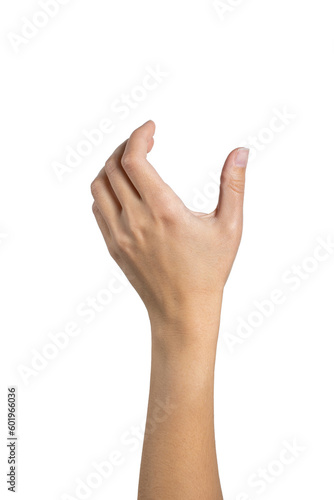 Woman hand holding grabbing or measuring something isolated on white background, with clipping path.  Five fingers. Full Depth of field. Focus stacking. PNG photo