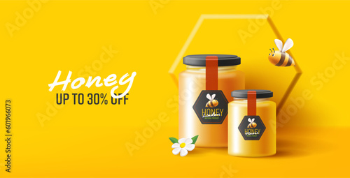 Honey glass jar 3d illustration with bee and white flower, promo for discounts for organic shop