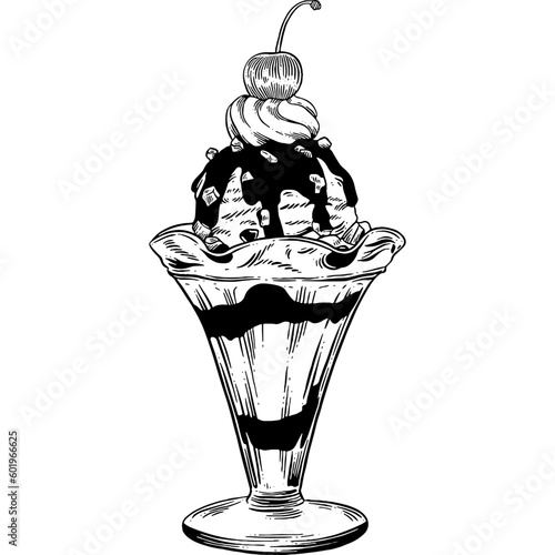 Hand drawn Chocolate Sundae Ice Cream Sketch Illustration