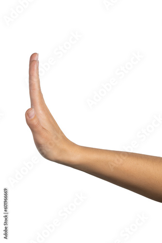 Woman hand shows stop gesture isolated on white background, with clipping path.  Five fingers. Full Depth of field. Focus stacking. PNG