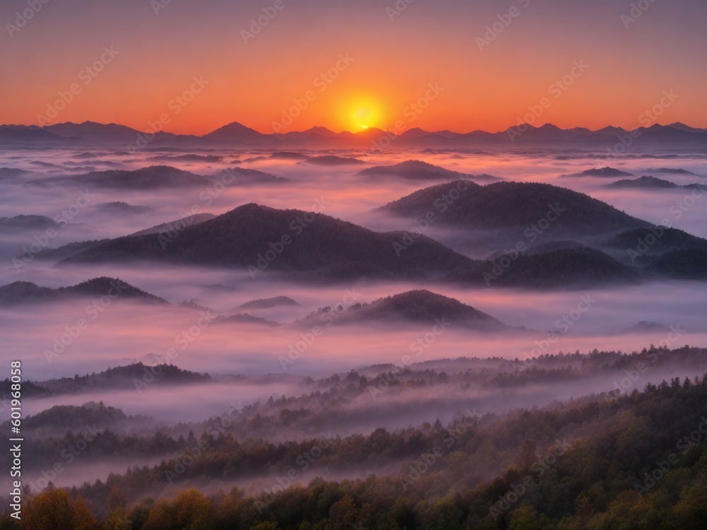  A sunset where fog reaches the mountains created with generative ai