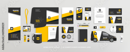 Brand Identity stationery Mock-Up set with black and yellow abstract dsgn. Concept of Branding stationery mockup template of vertical banner, flyer, promotional car, A4 brochure, etc. Editable vector