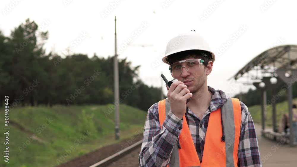 Railway engineer speaks on the radio walkie-talkie. The railroad is a critical infrastructure. Railway engineer speaks on the radio walkie-talkie. The railroad is a critical infrastructure.